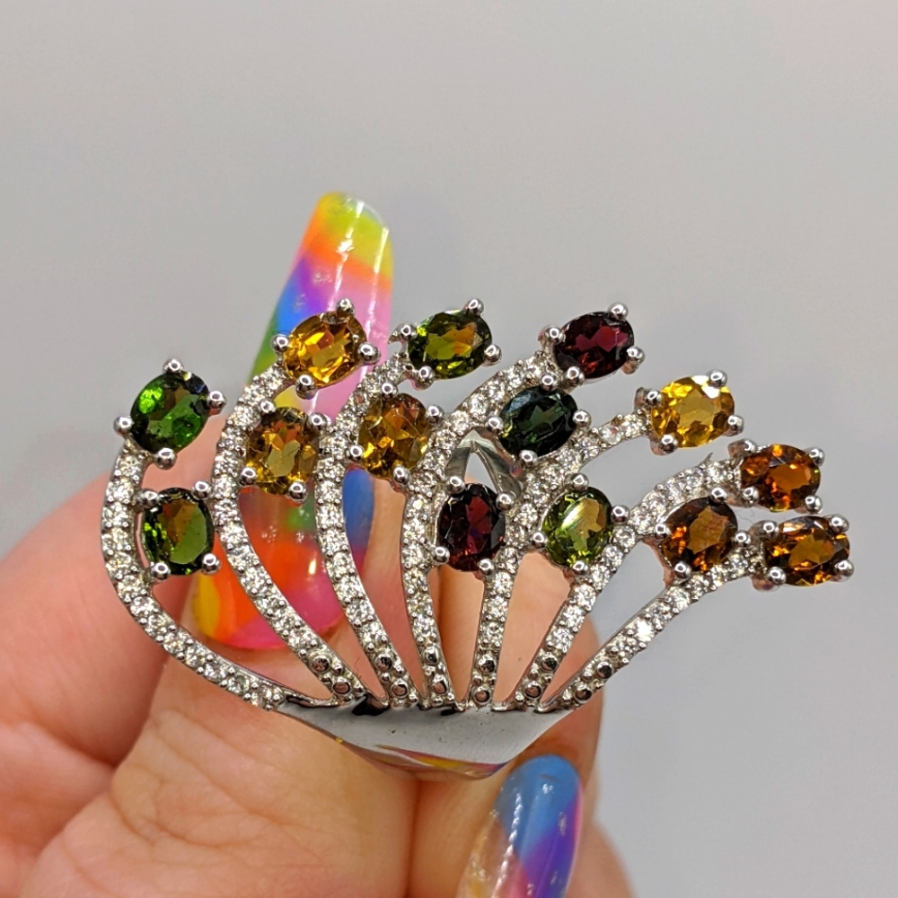 Multi-colored Tourmaline Gemstone Fan Design Ring Sterling Silver - Picture 8 of 14